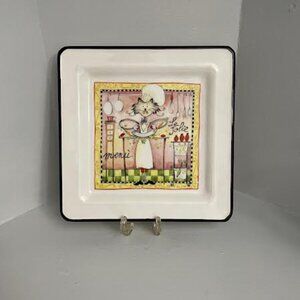 Brunelli  Square Dinner Plate in the Cat Chef "Menu Le Jolie" pattern - Italy